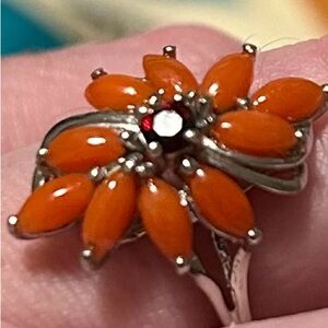925 Sterling Silver Coral & Garnet Starburst Flower Ring Size 5